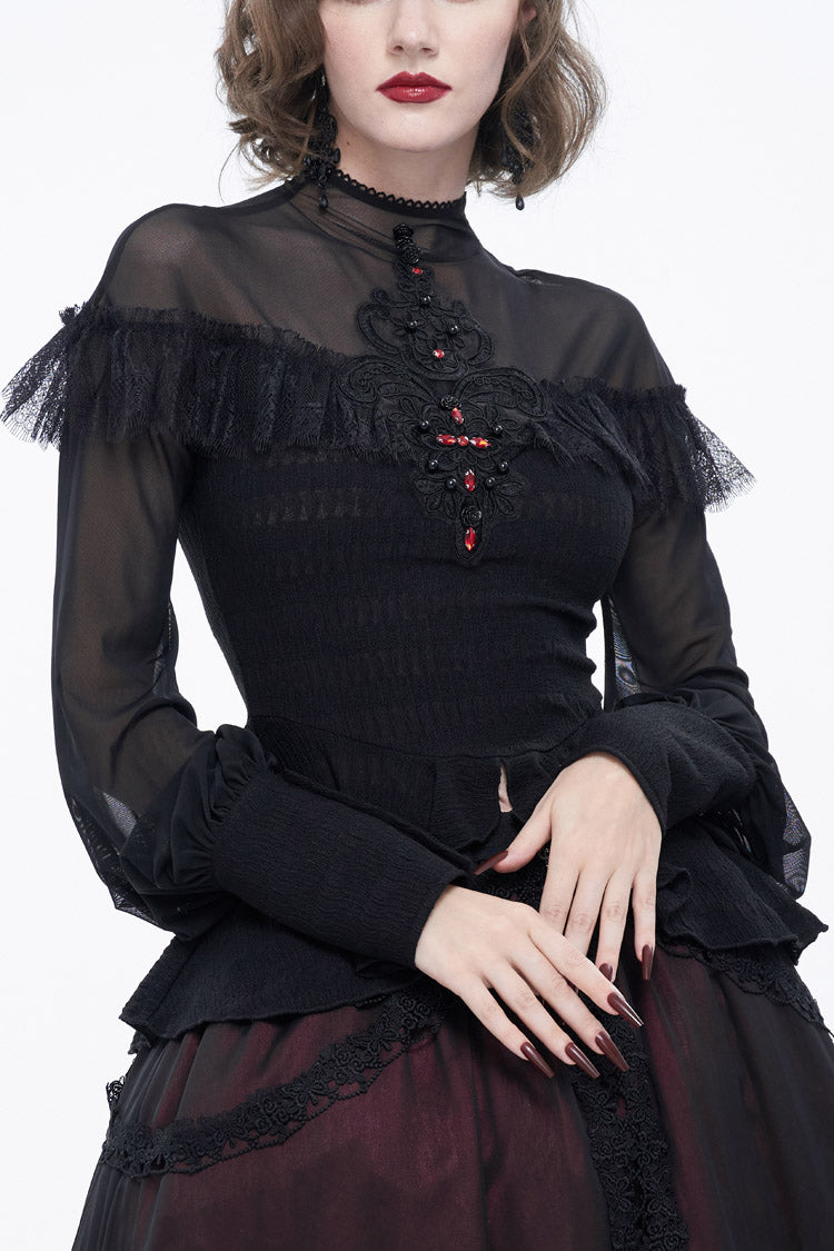 Black Retro Perspective Sexy Turtleneck Lace Panel Mesh Lantern Sleeve Women's Gothic T-Shirt