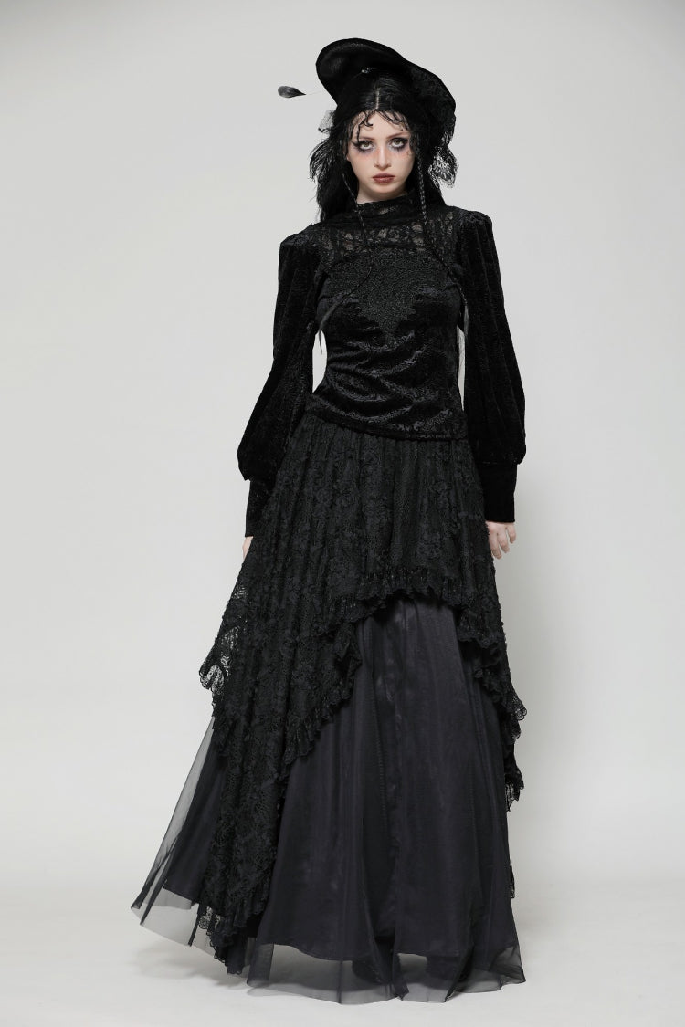 Black Ruffled Turtleneck Bishop Long Sleeves Floral Lace Patchwork Velvet Women's Gothic Blouse