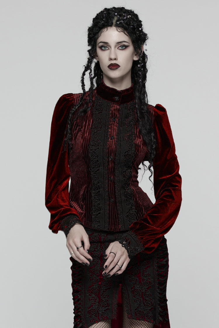 Red Stand Collar Long Puff Sleeves Floral Embroidered Lace-Up Women's Gothic Blouse