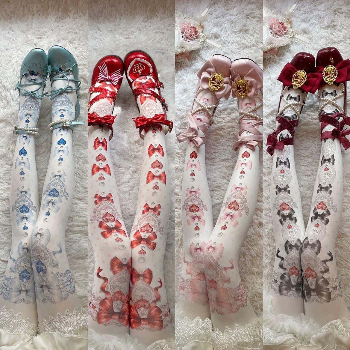 Sweet Lolita Polka Dot Printed Tights, Hearts and Bows Accent
