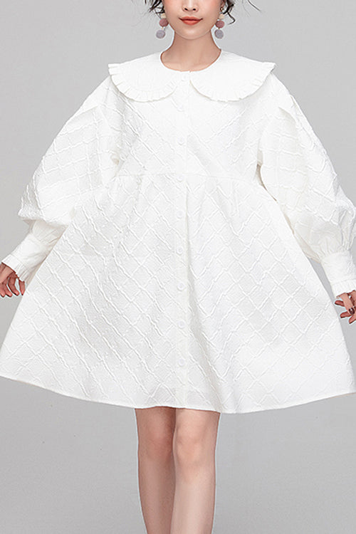 White Plaid Jacquard Cotton Doll Collar Puff Sleeve Lolita OP Dress