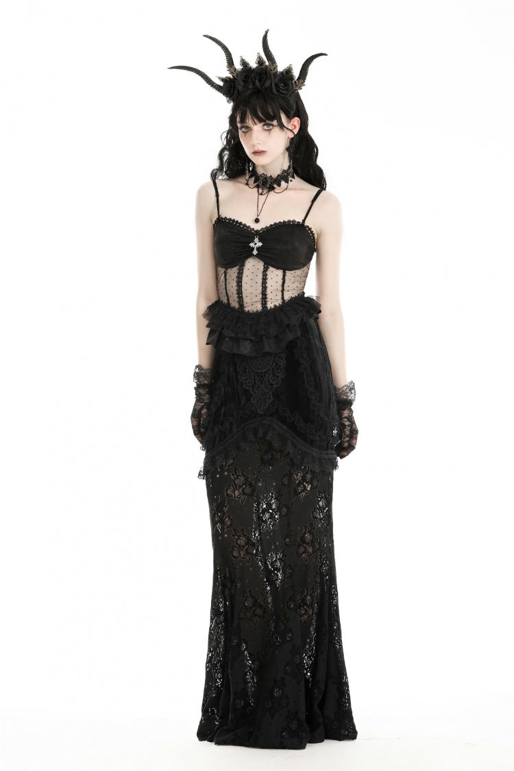 Black Spaghetti Straps Sheer Double-Layered Ruffled Lace Women's Gothic Top
