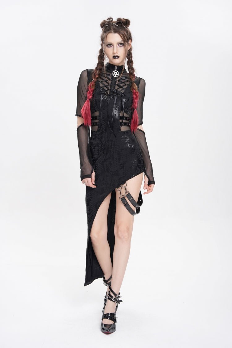 Black Stand Collar Long Sleeves Stitching Lace-Up Mesh Women's Punk Dress with Detachable Strap