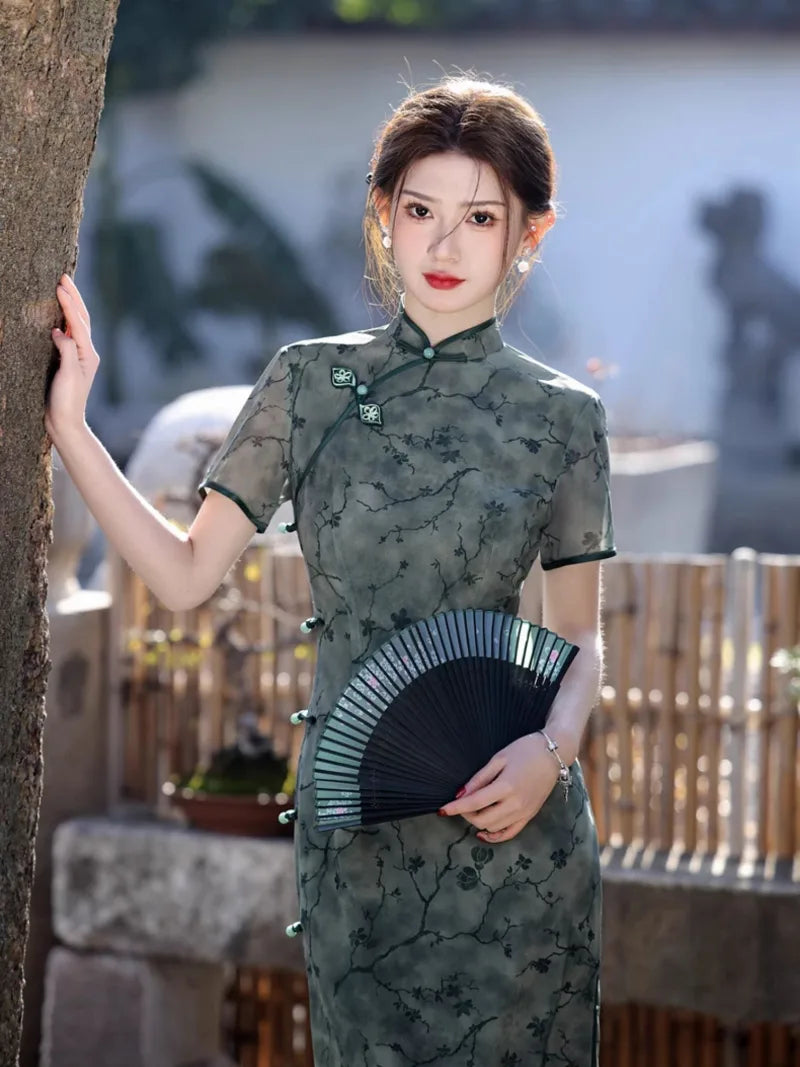 Casual qipao slim-fit vintage Shanghai-style Chinese dress with elegant daily summer wear and refined charm