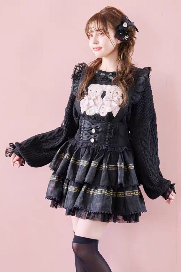 Sweet High Waisted Double-Layered Ruffle Bowknot Stitching Lace Plus Size Japanese Lolita Strap Dress 3 Colors