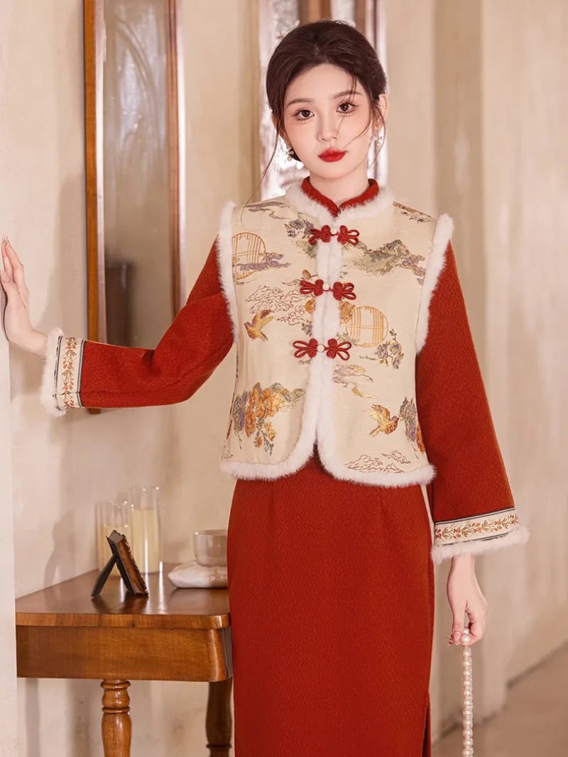 Elegant cheongsam for Chinese New Year, new-style Qipao vest dress for winter celebrations