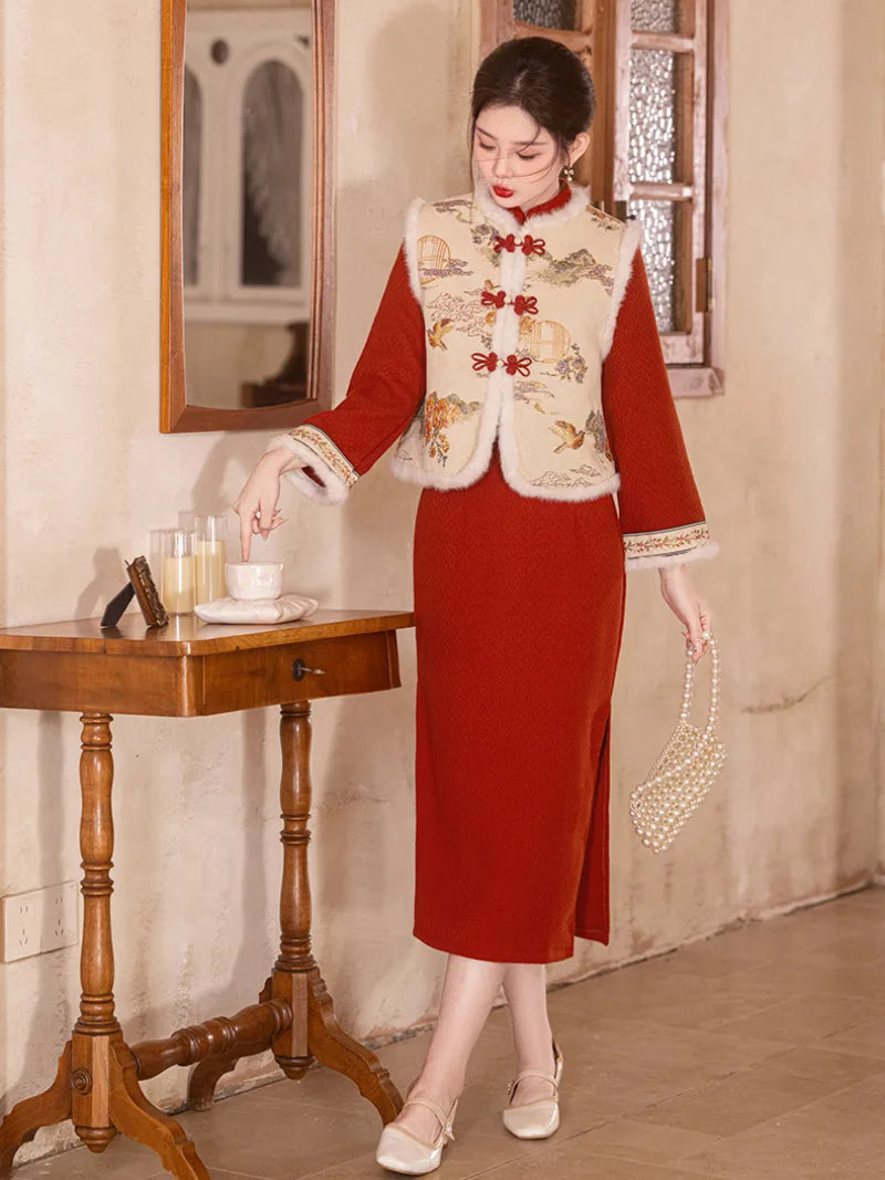 Elegant cheongsam for Chinese New Year, new-style Qipao vest dress for winter celebrations