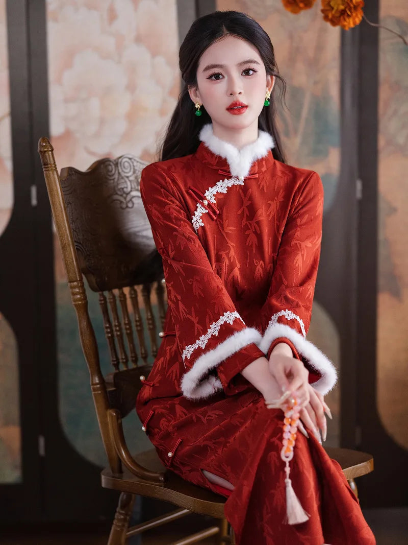 Elegant red long-sleeve cheongsam new year winter dress for festive and daily wear