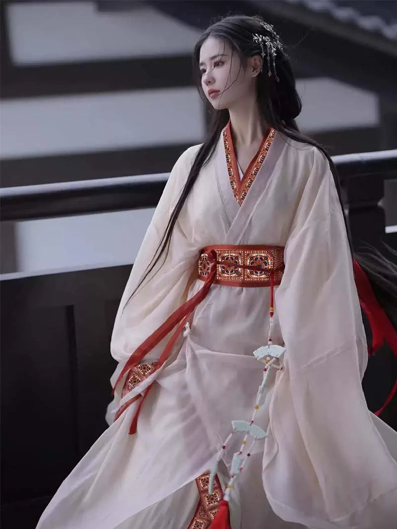 Elegant white Chinese Hanfu inspired by Warring States design, featuring straight hem robe and wide sleeves for women