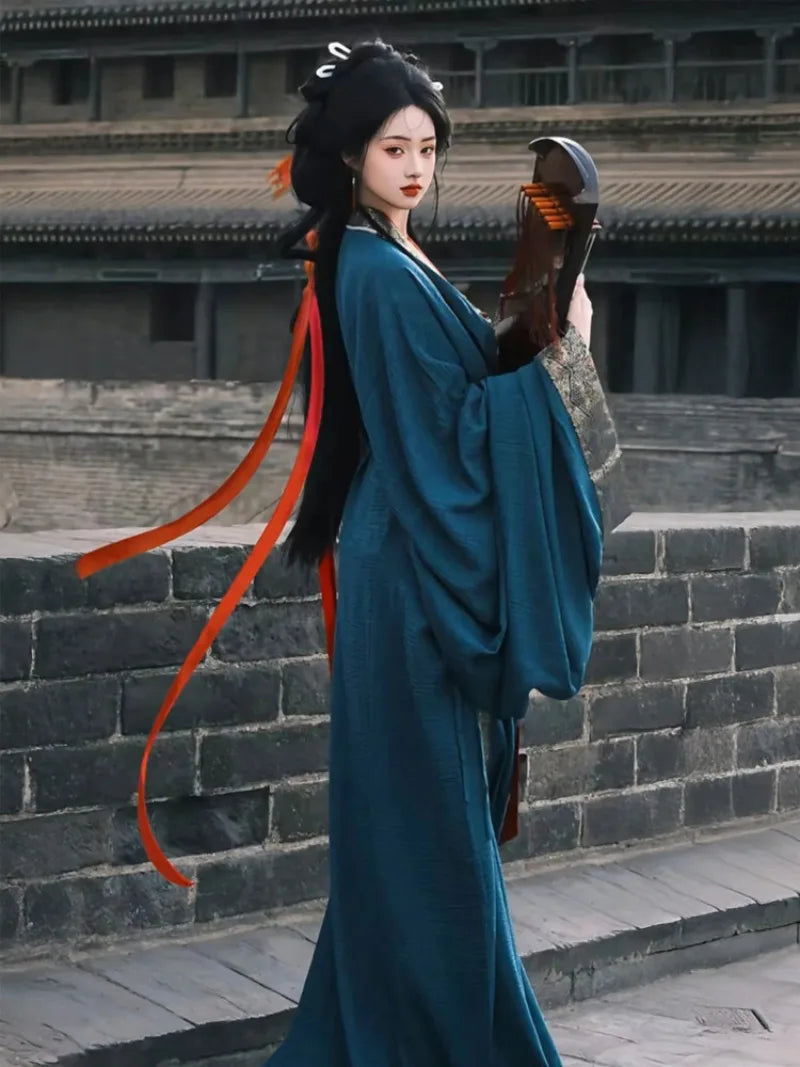 Chinese hanfu Warring States costume in red black and white with straight-cut robe