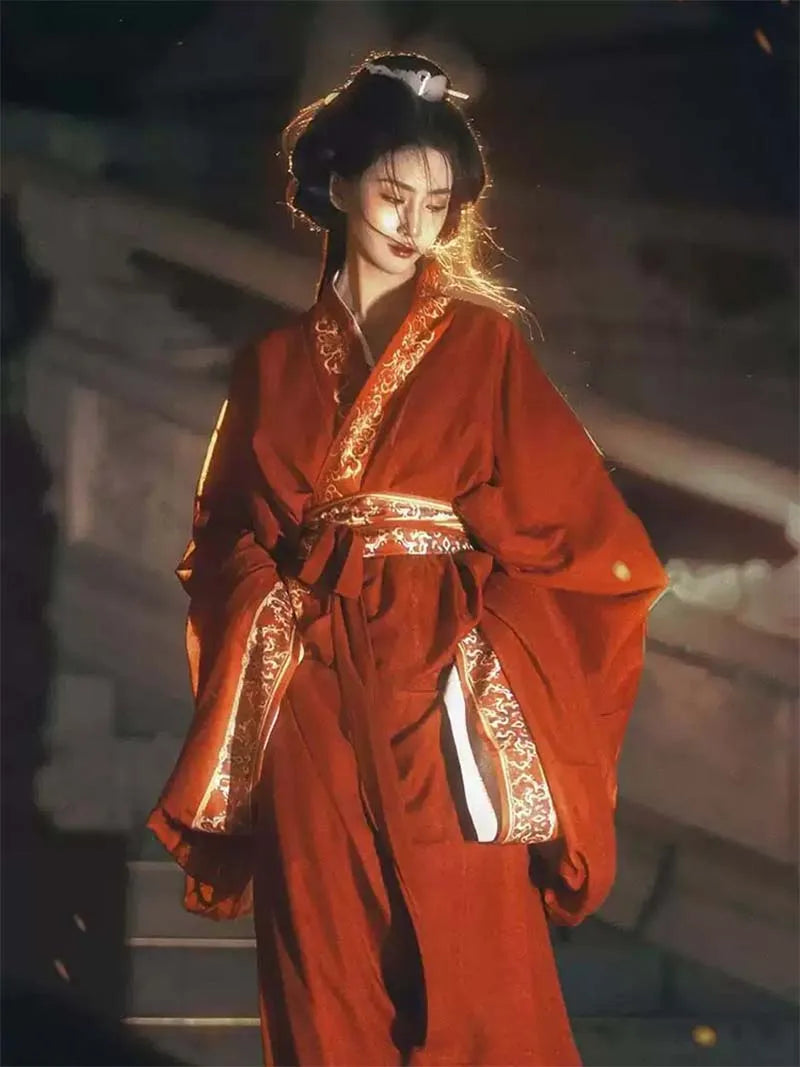 red Warring States Hanfu robe with straight hem and wide sleeves, authentic Chinese hanfu clothing inspired by Mashan Chu Tomb