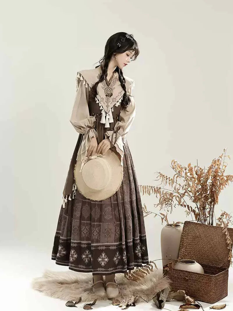 Chinese hanfu modern long-sleeve dress set in elegant new Chinese style