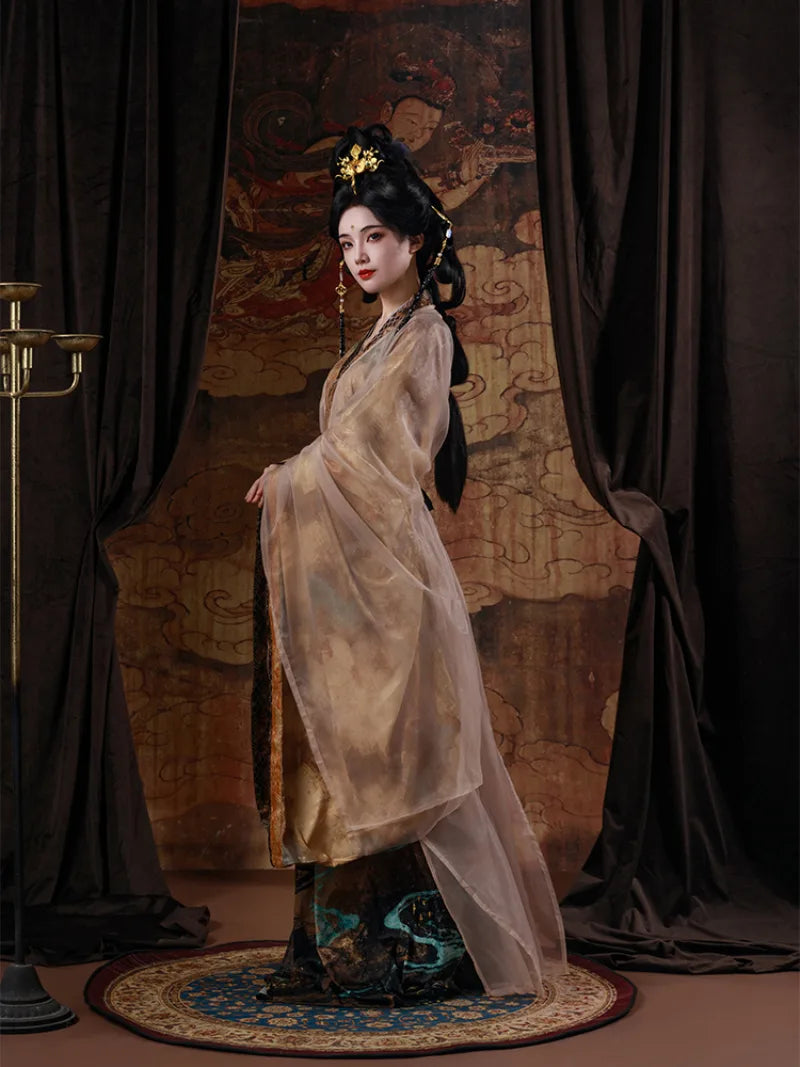 Autumn winter Chinese history clothing with wide sleeves and graceful yellow cross-collar zhiju set