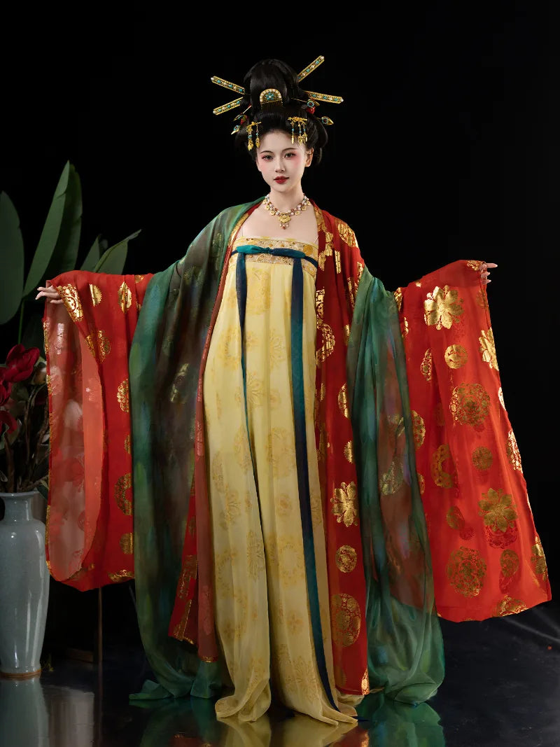 Chinese Tang hanfu qi chest skirt with wide sleeves inspired by Tang Dynasty artifacts