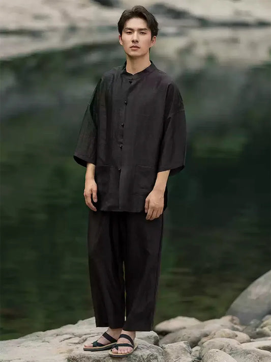 Chinese Tang Suit | Silk Short Sleeve Men’s Shirt with Stand Collar