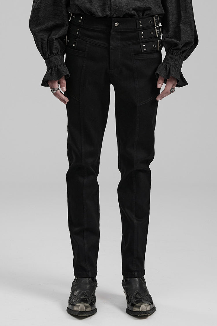 Black Slim Straps Symmetrical Men's Steampunk Straight Leg Pants