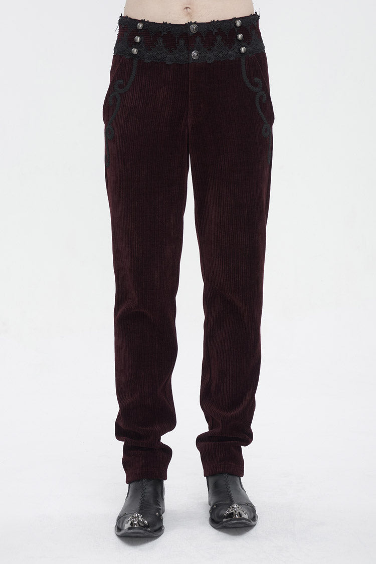 Red High Waisted Lace Splice Men's Gothic Pants