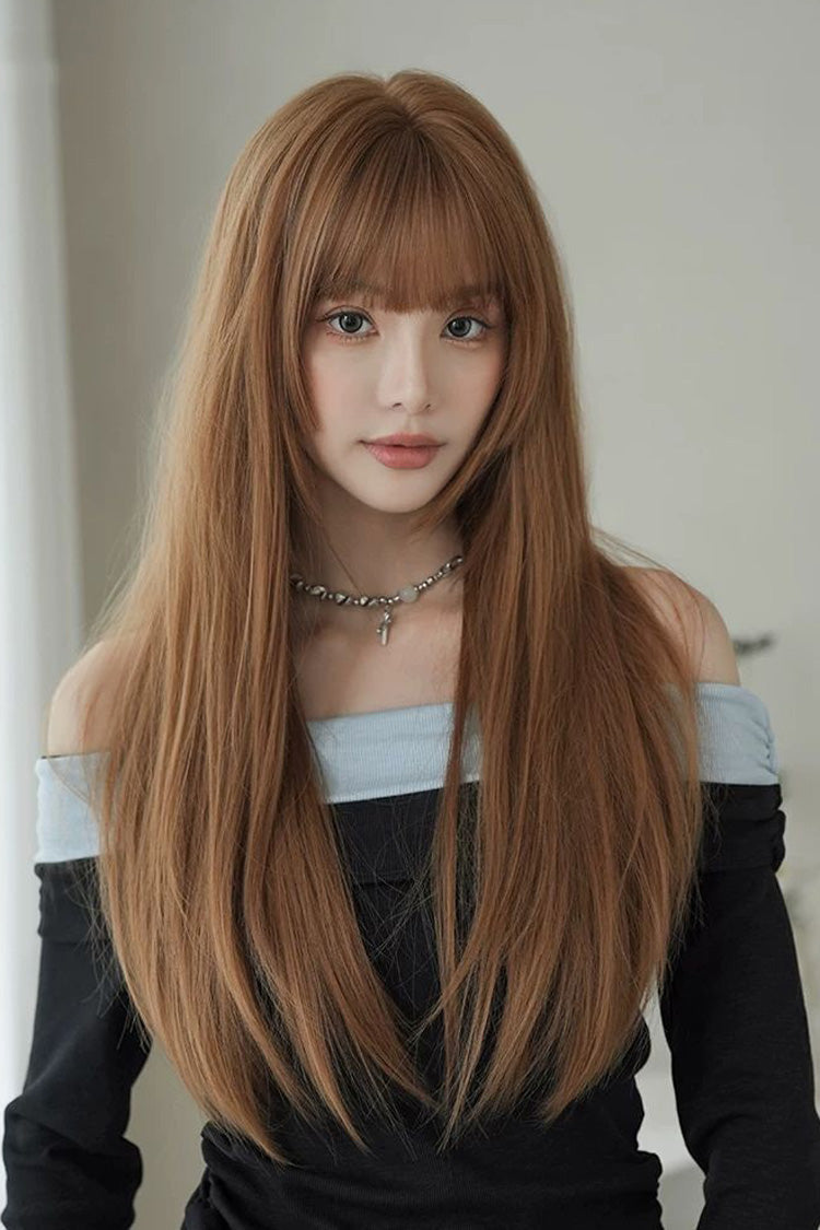 Mocha Mousse Korean Idol Chic Face-Framing Hime Cut Long Straight Wig with Full Bangs