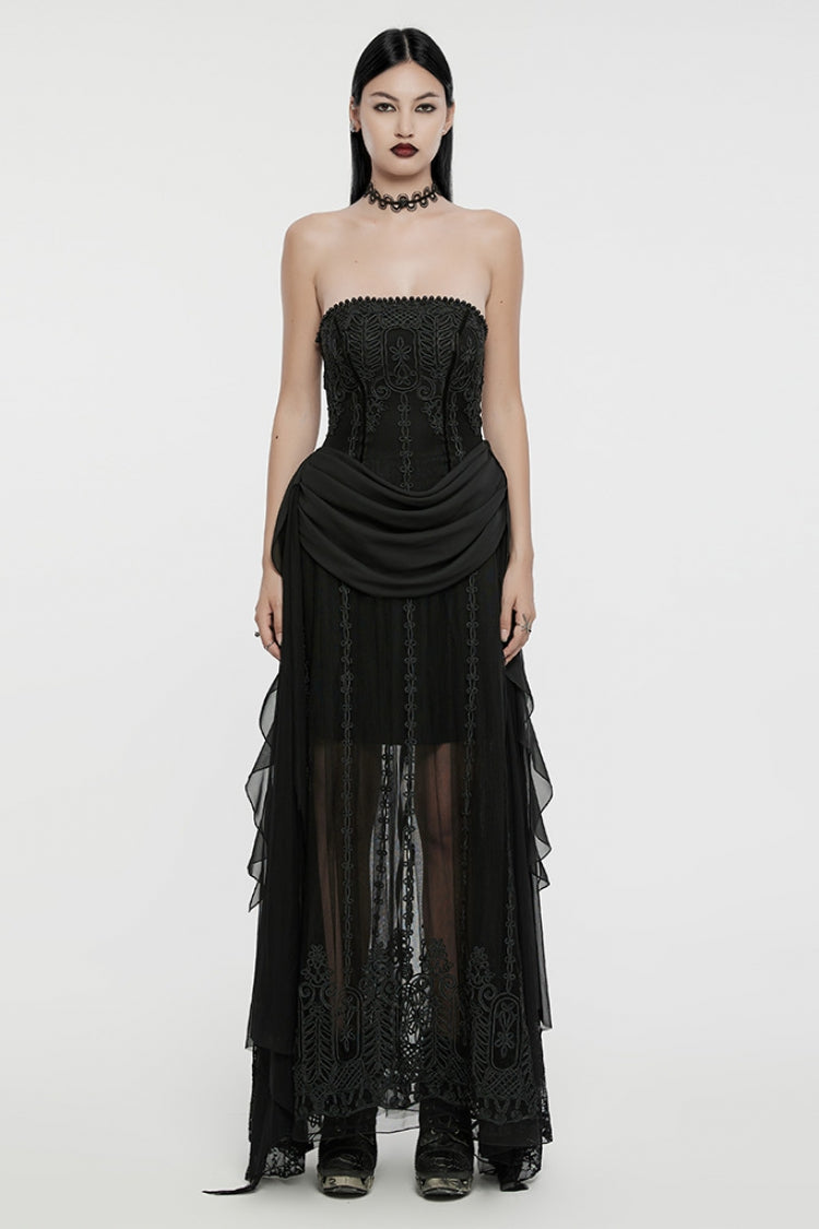 Black Off Shoulder Sleeveless Spliced Lace-Up Slim Pleated Women's Gothic Corset Chiffon Strapless Dress