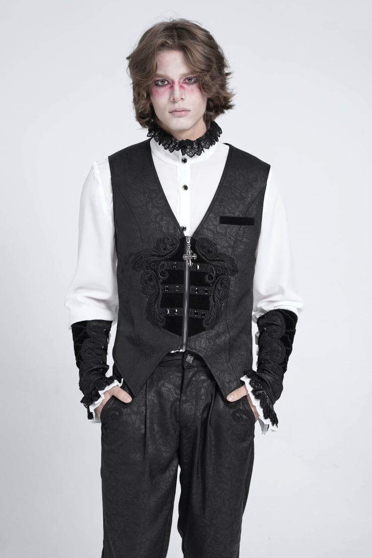Black Sleeveless Floral Embroidery Stitching Velvet Men's Gothic Vest