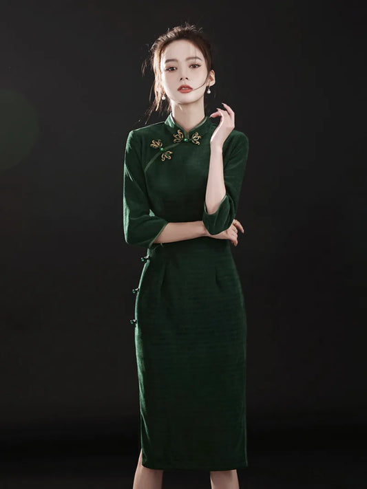 Dark Green Qipao | Beautiful Long Sleeve Vintage Cheongsam Dress