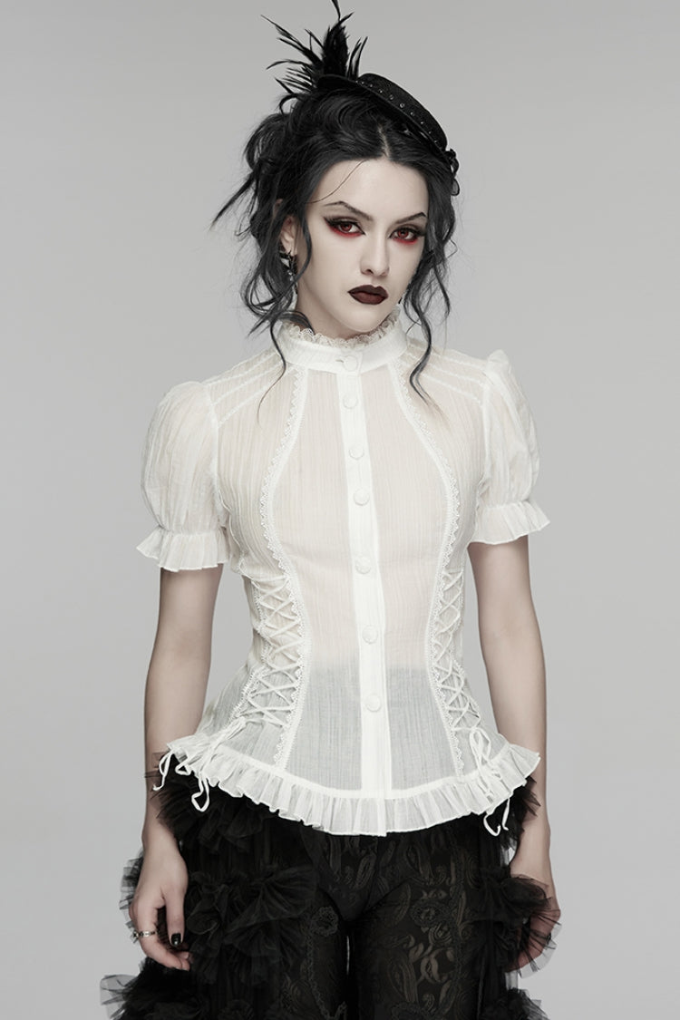 White Stand Collar Short Puff Sleeves Ruffled Lace-Up Women's Gothic Blouse