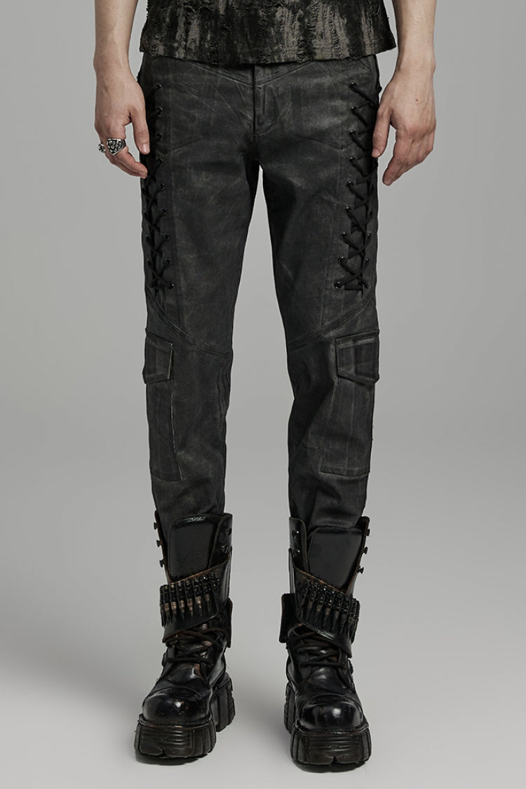 Black Lace-Up Straps Big-pocket Men's Punk Pants