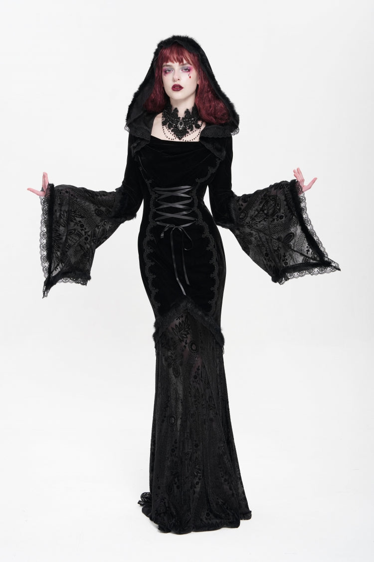 Black Long Trumpet Sleeves Embroidery Stitching Lace Hooded Mesh Women's Gothic Dress