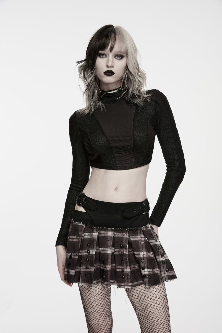 Black High Collar Long Sleeves Patchwork Slim Fit Women's Punk Cool Crop Top