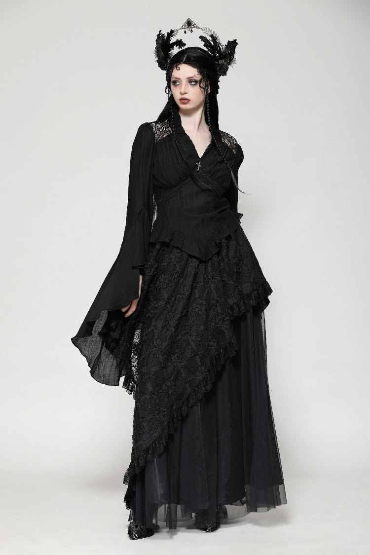 Black Ruffled V Collar Cross Ornament Long Trumpet Sleeves Pleated Women's Gothic Top