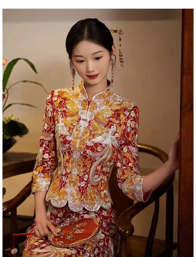Traditional Chinese Wedding Dress – Red & Gold Qun Kwa| Classy