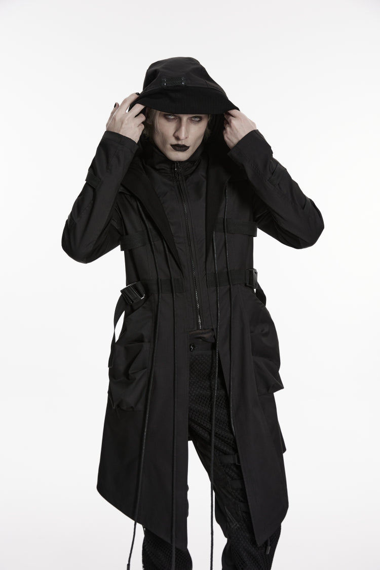Black Stand Collar Long Sleeves Hooded Faux Two-Piece Zippered Men's Punk Big Pockets Strappy Jacket