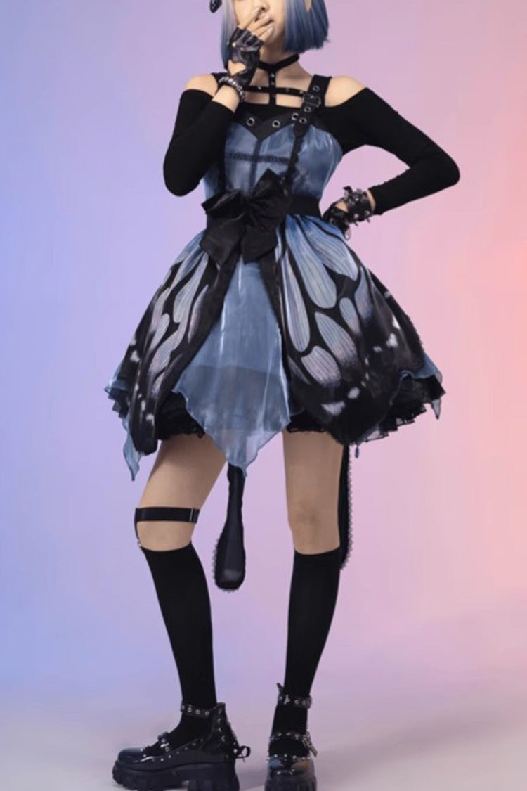 Black/Blue Butterfly Effect Sleeveless Print Bowknot Version Gothic Punk Lolita Dress