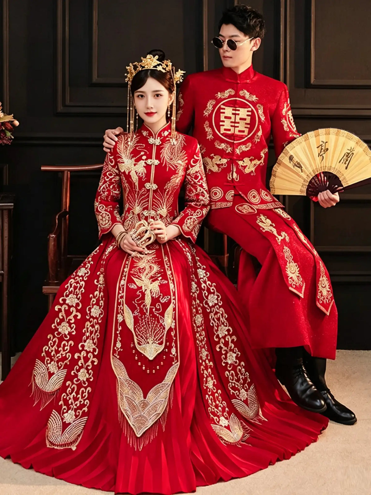 Traditional Chinese Wedding Dress - Red & Gold Phoenix Qun Kwa Gown |Prosperity