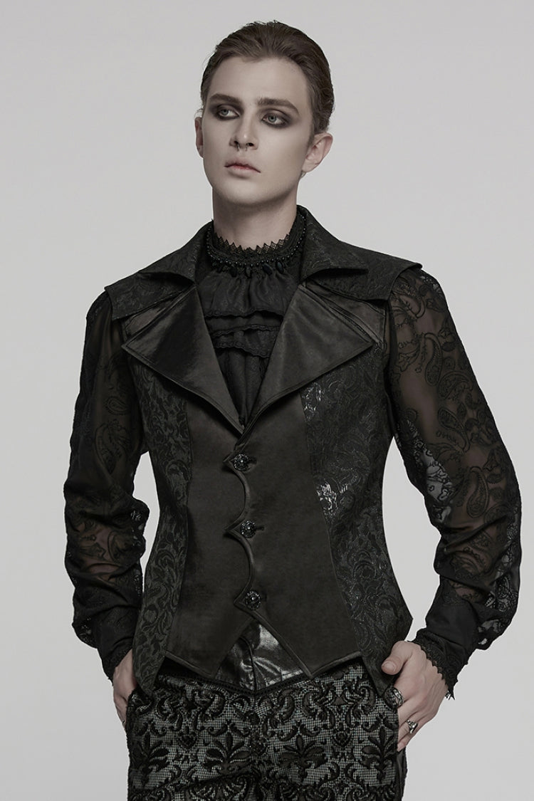 Black Lapel V Collar Long Sleeves Embroidery Men's Gothic Vest