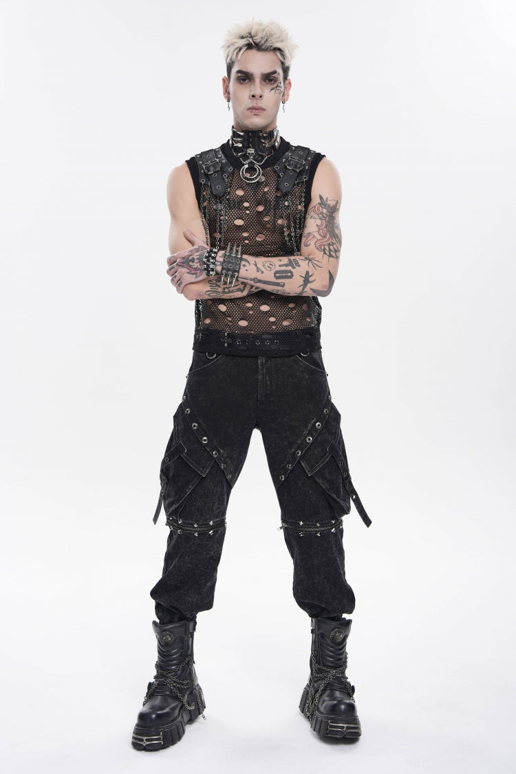 Black Spliced Detachable Studded Eyelet Men's Punk Cool Pants With Big Pockets