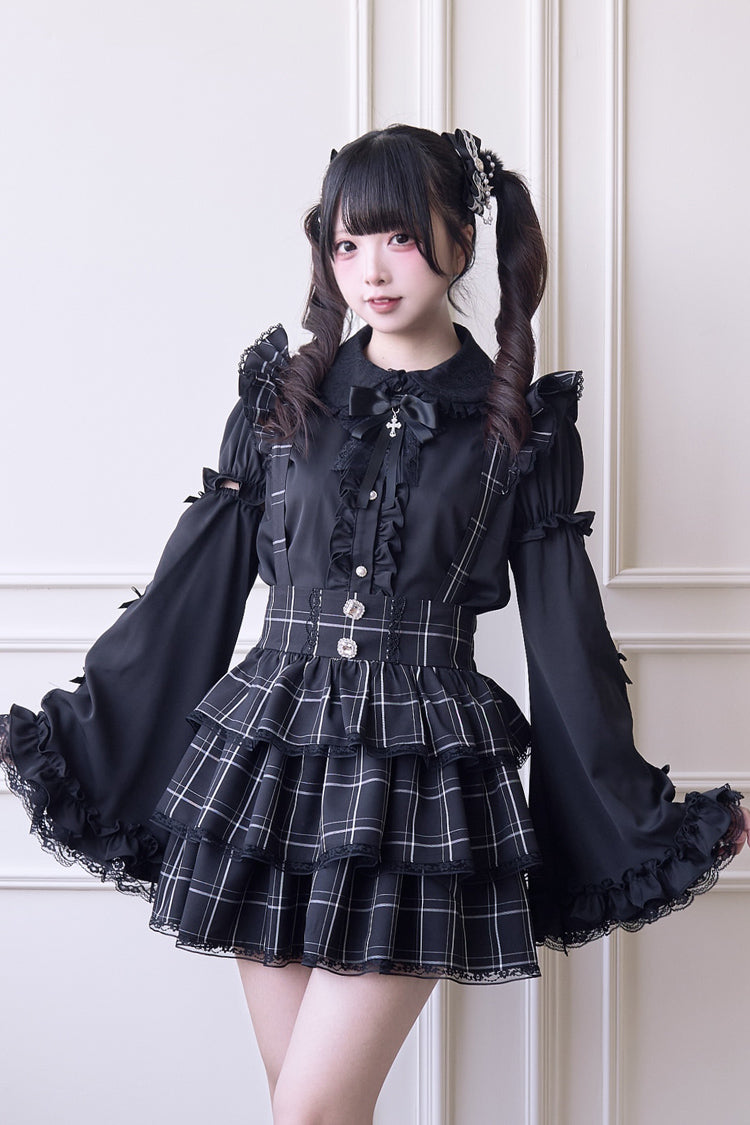 Black Triple-Layered Plaid Print Ruffle Gothic Jirai Kei Japanese Strap Dress