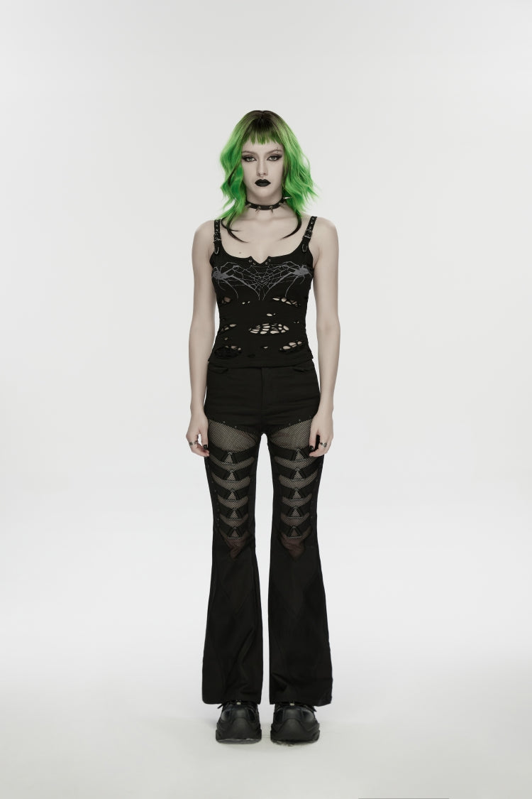 Black Off Shoulder Slim Ripped Buckled Women's Punk Spiders&Web Printed Vest