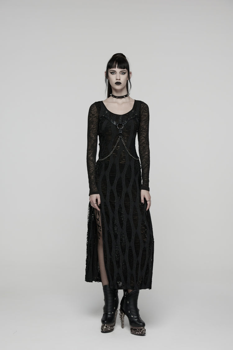 Black Round Collar Long Sleeves Cut-Out Lace-Up Slim Buckled Chain-Decorated Eyelet Women's Punk Cool Dress