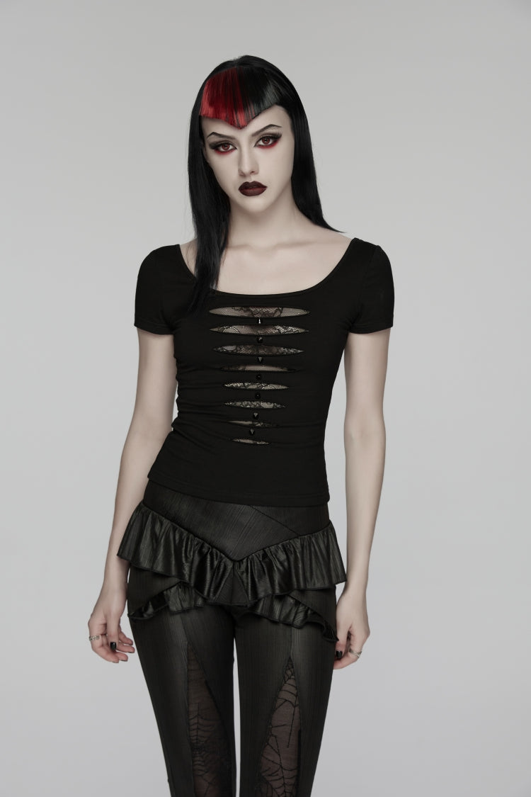 Black Round Collar Short Sleeves Slim Sheer Ripped Studded Women's Punk T-Shirt