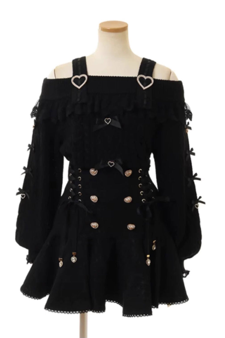 Black Japanese Bowknot Double Breasted Lace-Up Sweet Jirai Kei Skirt