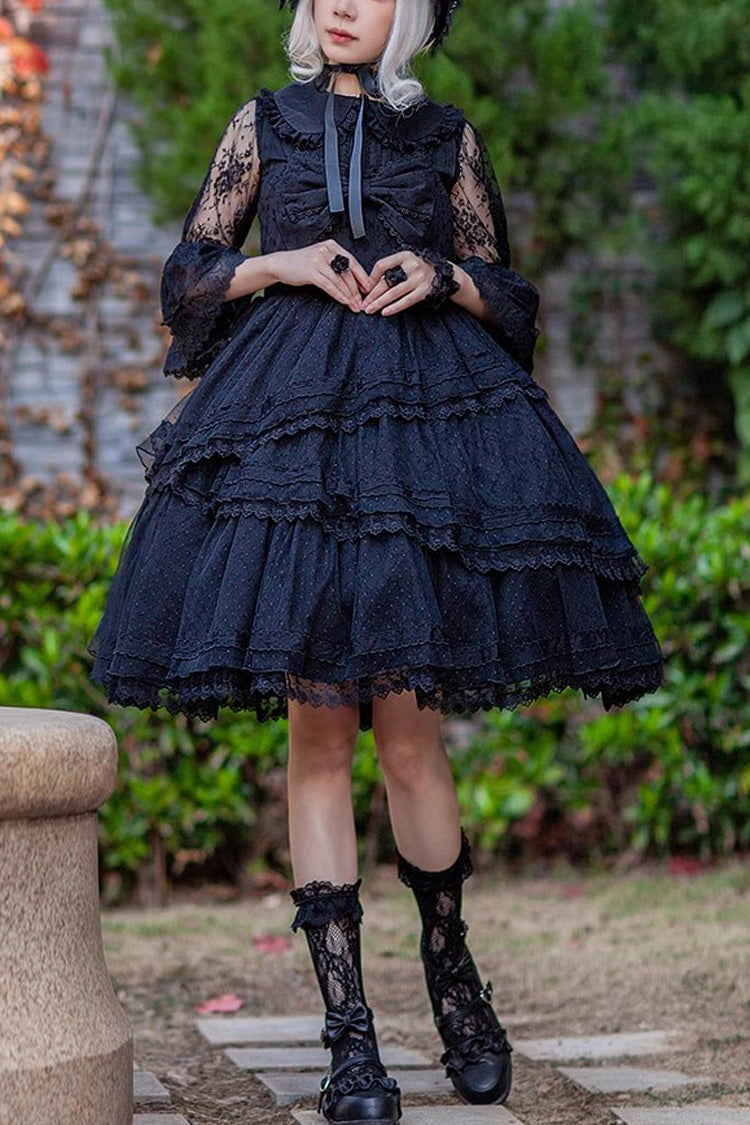 Black Solid Color Tower of Dawn Bowknot Sleeveless Ruffle Gothic Lolita Dress