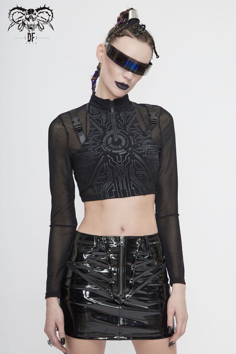 Black Round Collar Lace Check Short Women's Gothic Tops