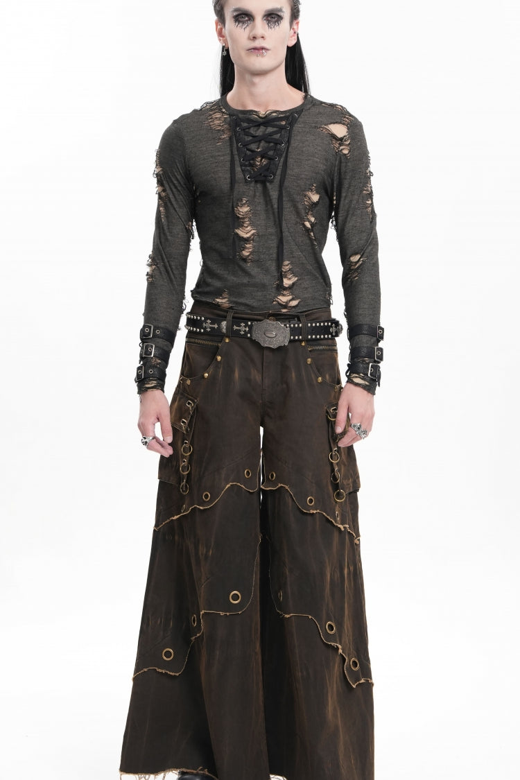 Coffee Eyelet Men's Gothic Pants Pocket Trousers