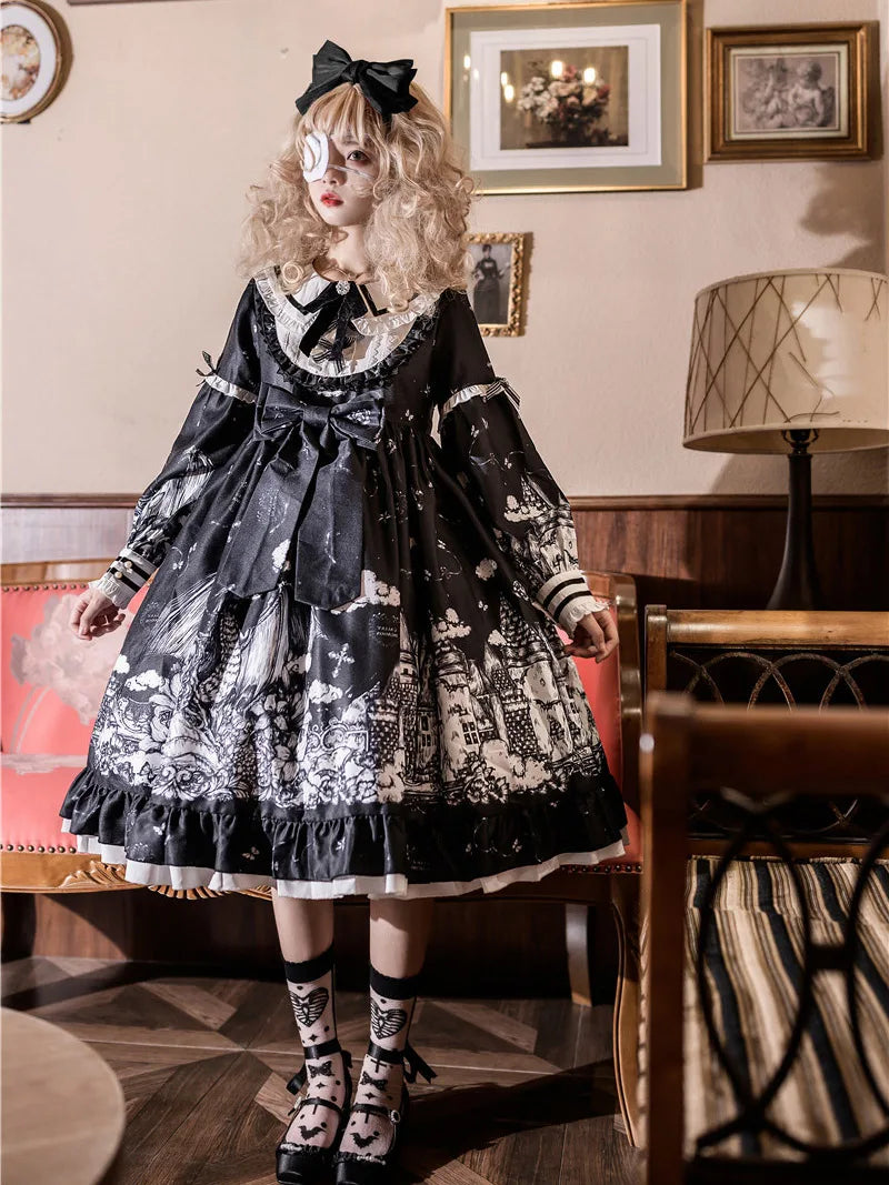 Elegant Gothic Lolita long-sleeve OP dress with castle-night design and dramatic skirt style