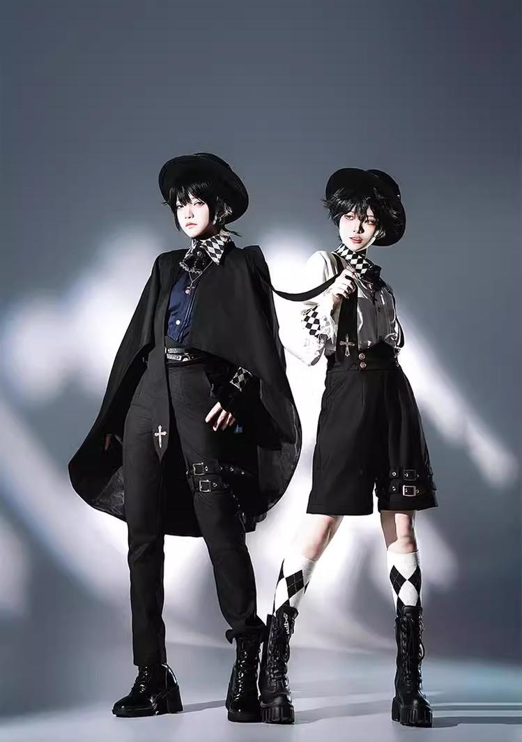 Fantasy Wonderland - Ouji Lolita Checkered Blouse, Suspenders Pants and Cape