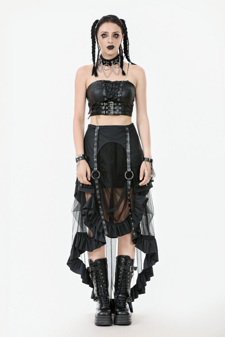 Black Lace-Up Eyelet Belted Women's Punk Bustier