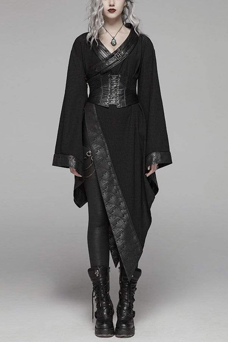 Black V Neck Metal Buckle Strap Waist Lace-Up Flare Sleeve Wave Printing Asymmetric Hem Kimono Women's Punk Dress