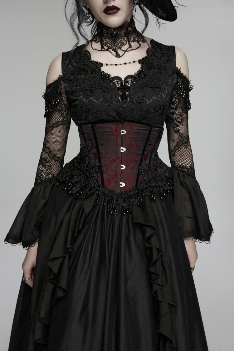 Black/Red Jacquard Lace-Up Slim Women's Gothic Tassels Corset