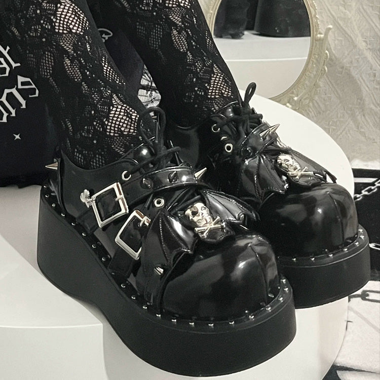 Glossy Black Punk Gothic Little Demon Bat Skull Cross Strap Platform Shoes